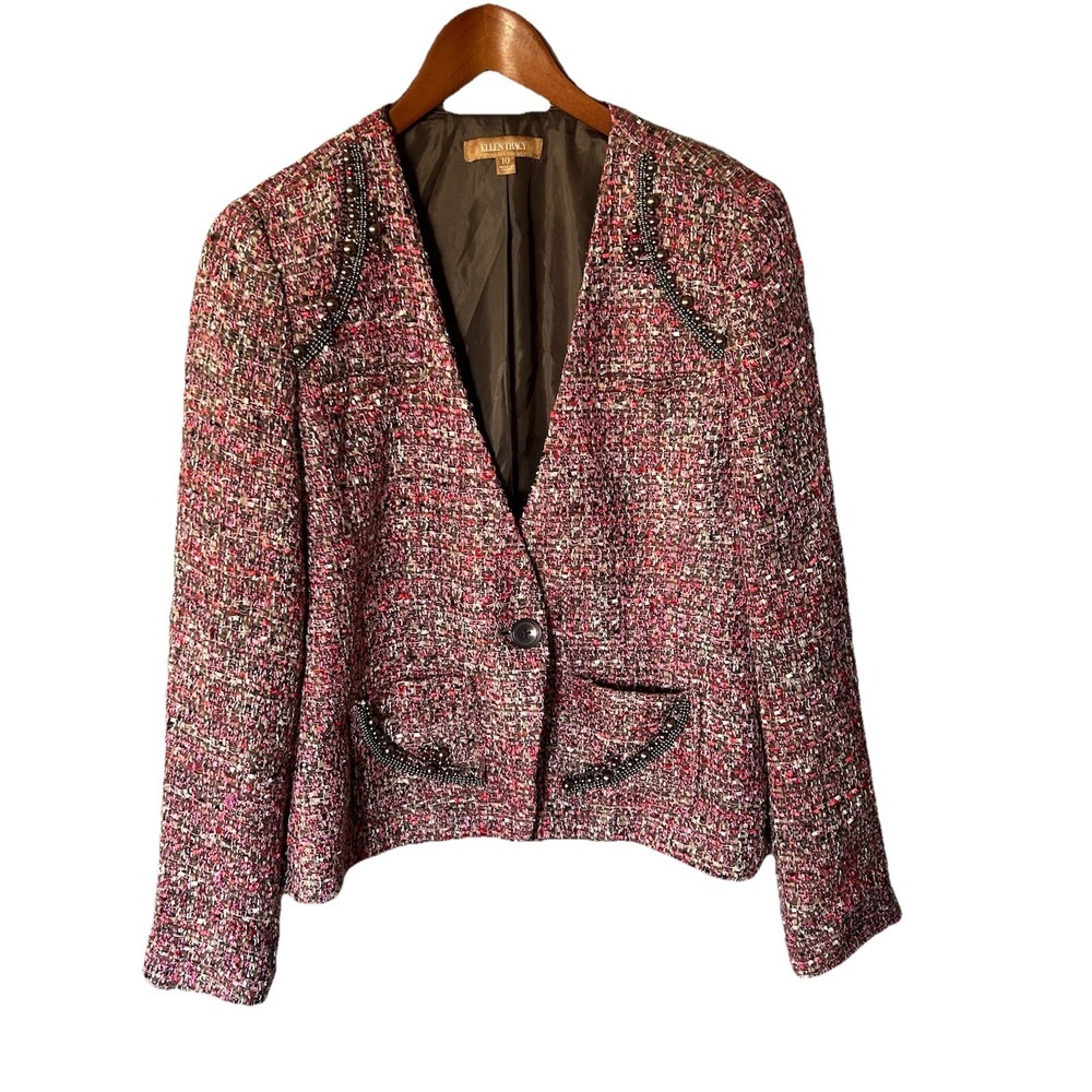 Ellen Tracy Pink Blazer Tweed Suit Jacket Beaded Trim Collar Pockets Size 10